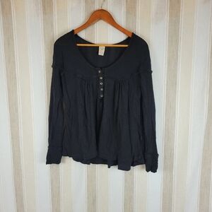 Free People We The Free Loose‎ Fit Blouse Top Linen Cotton Black Size Small